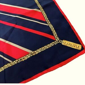 Large Carlisle Blue Red Striped Gold Chained Border 100% Silk Square Scarf 34”